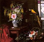 A Still Life With A Vase, Basket And Parrot by Olaf August Hermansen